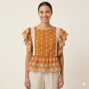 Jennifer & Grace Mustard Yellow Eyelet Embroidered Ruffle Peplum Top 1X NWT